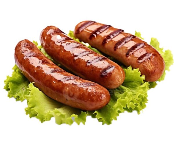 Grilled-pork-sausages-with-lettuce-isolated-on-transparent-background,-png